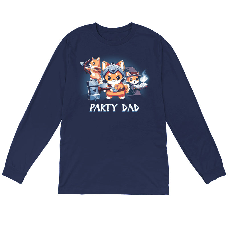 Long Sleeve T-shirt_TeeTurtle Party Dad navy blue t-shirt featuring a party of three foxes dressed as a warrior, an archer, and wizard with a pun below it.