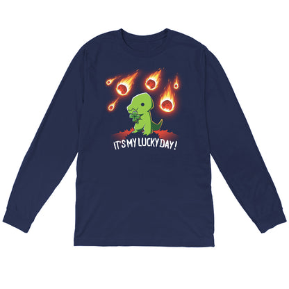 Long Sleeve T-shirt_TeeTurtle It's My Lucky Day navy blue t-shirt featuring a dinosaur holding a four-leaf clover while meteors fall from the sky. The text below reads, "It's my lucky day!"