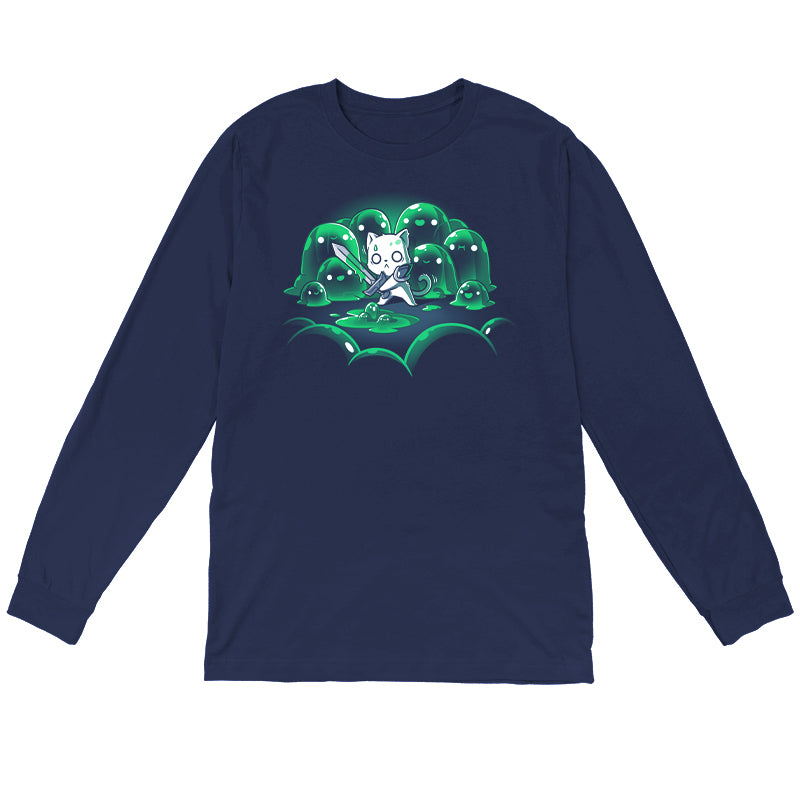 Long Sleeve T-shirt_TeeTurtle navy blue The Never-Ending Fight. Featuring a cat warrior holding a sword surprised at being surrounded by a group of green slimes.