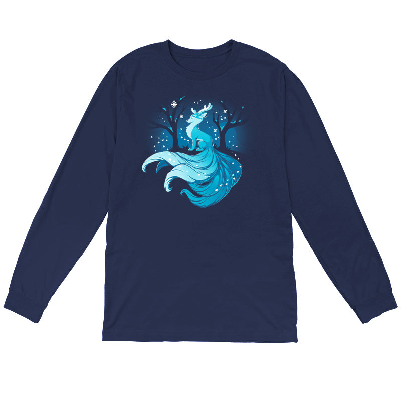 Long Sleeve T-shirt_TeeTurtle Winter Kitsune navy blue t-shirt featuring a blue, fox-like creature with antlers, long tails, and a flowing mane sitting in a snowy forest with bare trees.