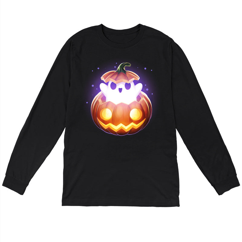 Long Sleeve T-shirt_TeeTurtle black Spooky Ghost featuring a ghost popping out of a pumpkin.