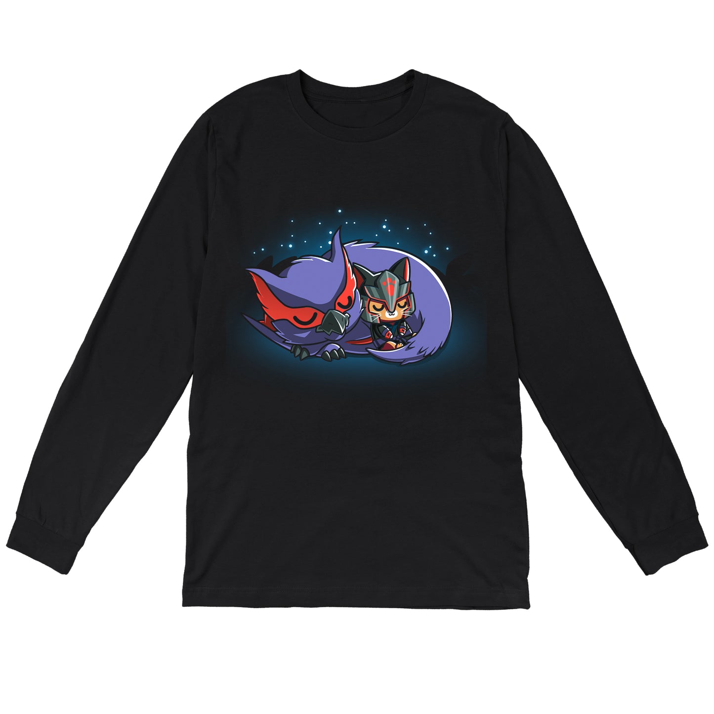 Long Sleeve T-shirt_TeeTurtle black Nargacuga & Palico Snuggles featuring Nargacuga and a palico curled up together, and sleeping under the stars.