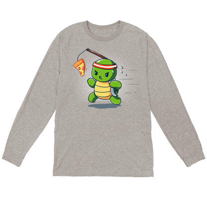 Long Sleeve T-shirt_TeeTurtle Ninja Training heather gray t-shirt featuring a turtle chasing after a pizza slice dangling from a stick strapped to their head.