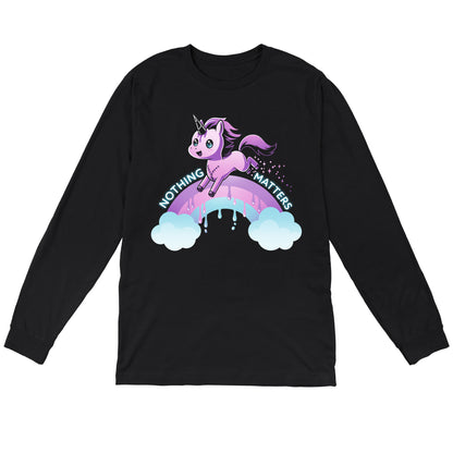 Long Sleeve T-shirt_TeeTurtle Nothing Matters (Unicorn) black t-shirt featuring a purple unicorn jumping over a drippy rainbow.