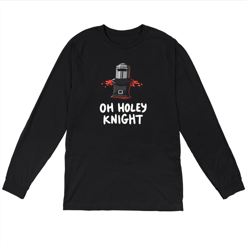 Long Sleeve T-shirt_TeeTurtle Oh Holey Knight black t-shirt featuring a pun of a knight’s armor that has missing arms