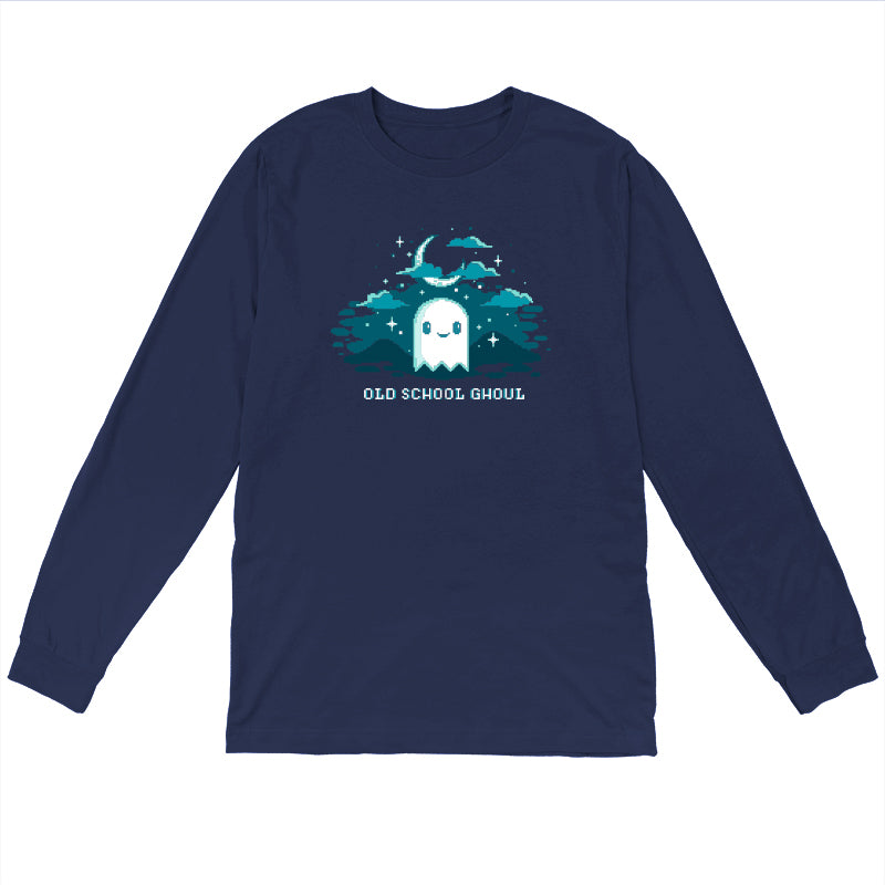 Long Sleeve T-shirt_TeeTurtle Old School Ghoul navy blue t-shirt featuring a spooky pixel art smiling ghost under a crescent moon and stars with text "Old School Ghoul" below in this Halloween and video game design. 