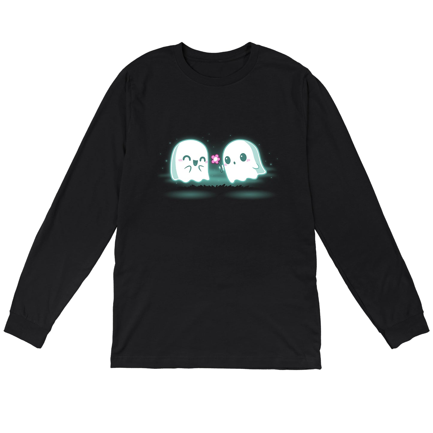 Long Sleeve T-shirt_TeeTurtle One Boo Love black t-shirt featuring two cute kawaii ghost-like Halloween characters are glowing softly in the dark on a black apparel. One ghost is smiling with eyes closed while the other offers a pink flower.