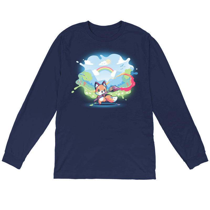 Long Sleeve T-shirt_TeeTurtle Paint Your Own World navy blue t-shirt featuring a drawing cartoon fox who holds a paintbrush, trailing vibrant colors as it paints a lively landscape with hills, trees, a rainbow, and a bright sky.