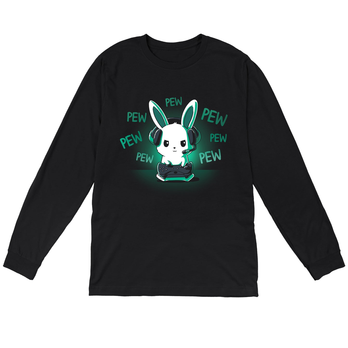 Long Sleeve T-shirt_TeeTurtle black Pew Pew Bunny. Featuring a bunny playing a video game with a controller making pew-pew sounds.