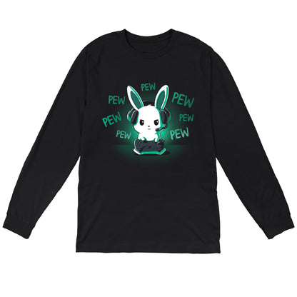 Long Sleeve T-shirt_TeeTurtle black Pew Pew Bunny. Featuring a bunny playing a video game with a controller making pew-pew sounds.