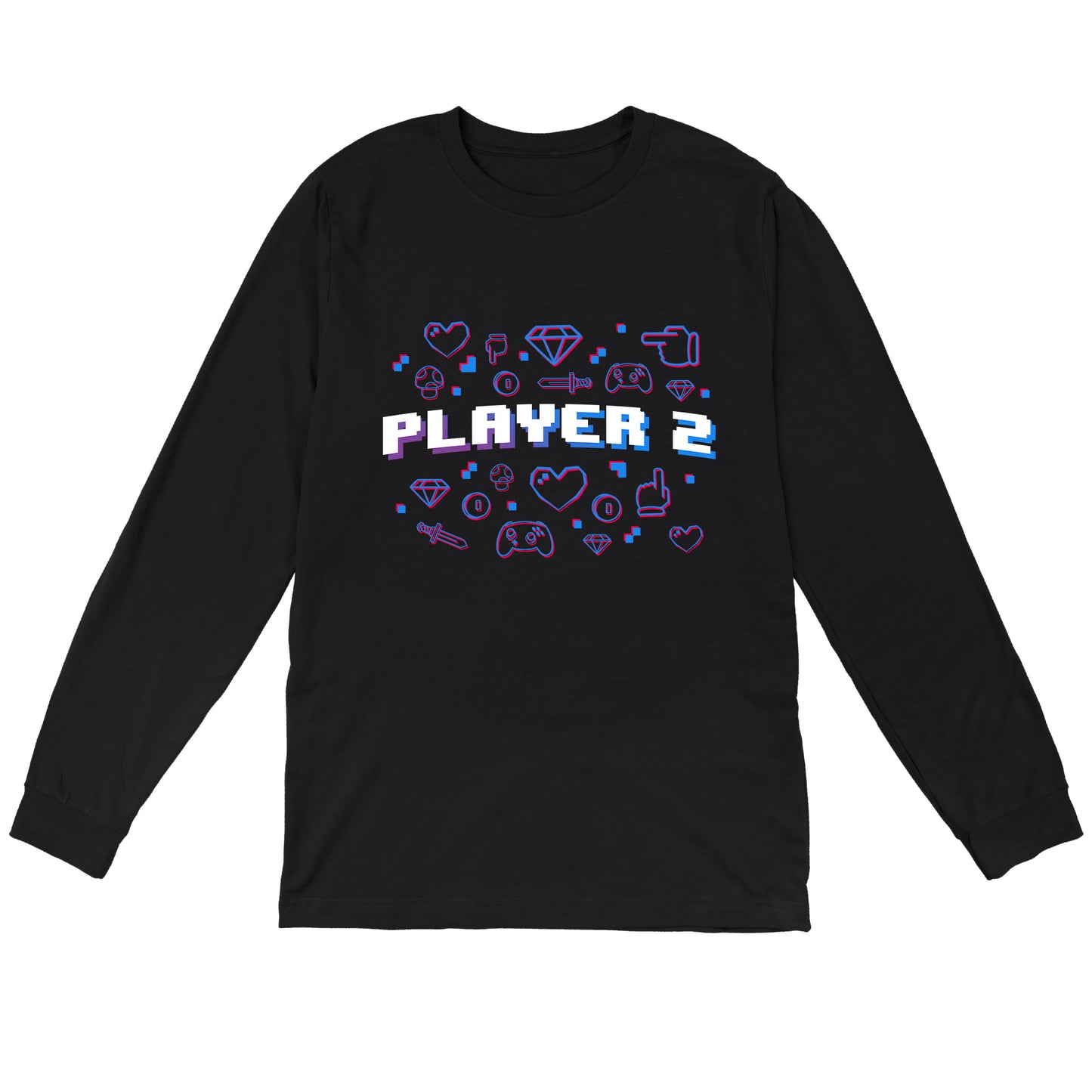 Long Sleeve T-shirt_TeeTurtle black Player 2. Featuring the text, "Player 2" surrounded by pixel art video game elements.