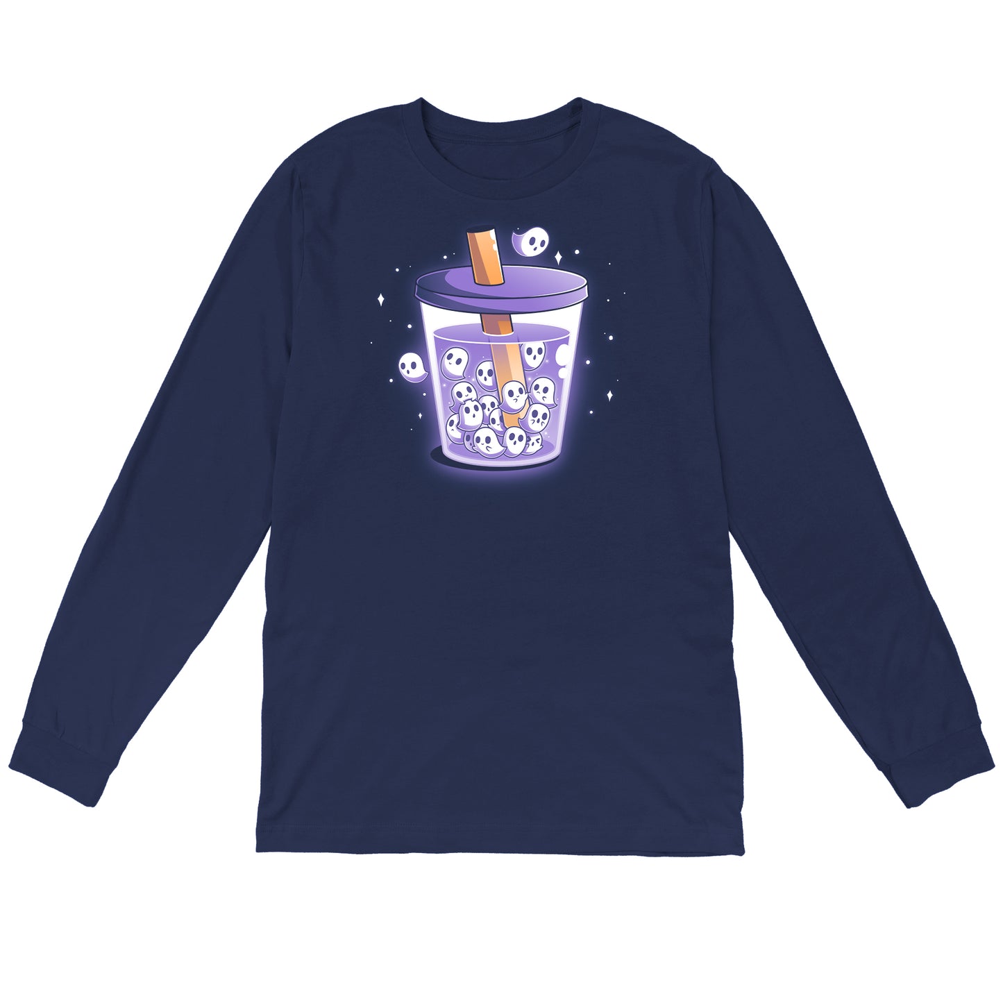 Long Sleeve T-shirt_TeeTurtle navy blue Poltergeist Pearls apparel featuring a cup of boba tea with ghosts instead of boba pearls.