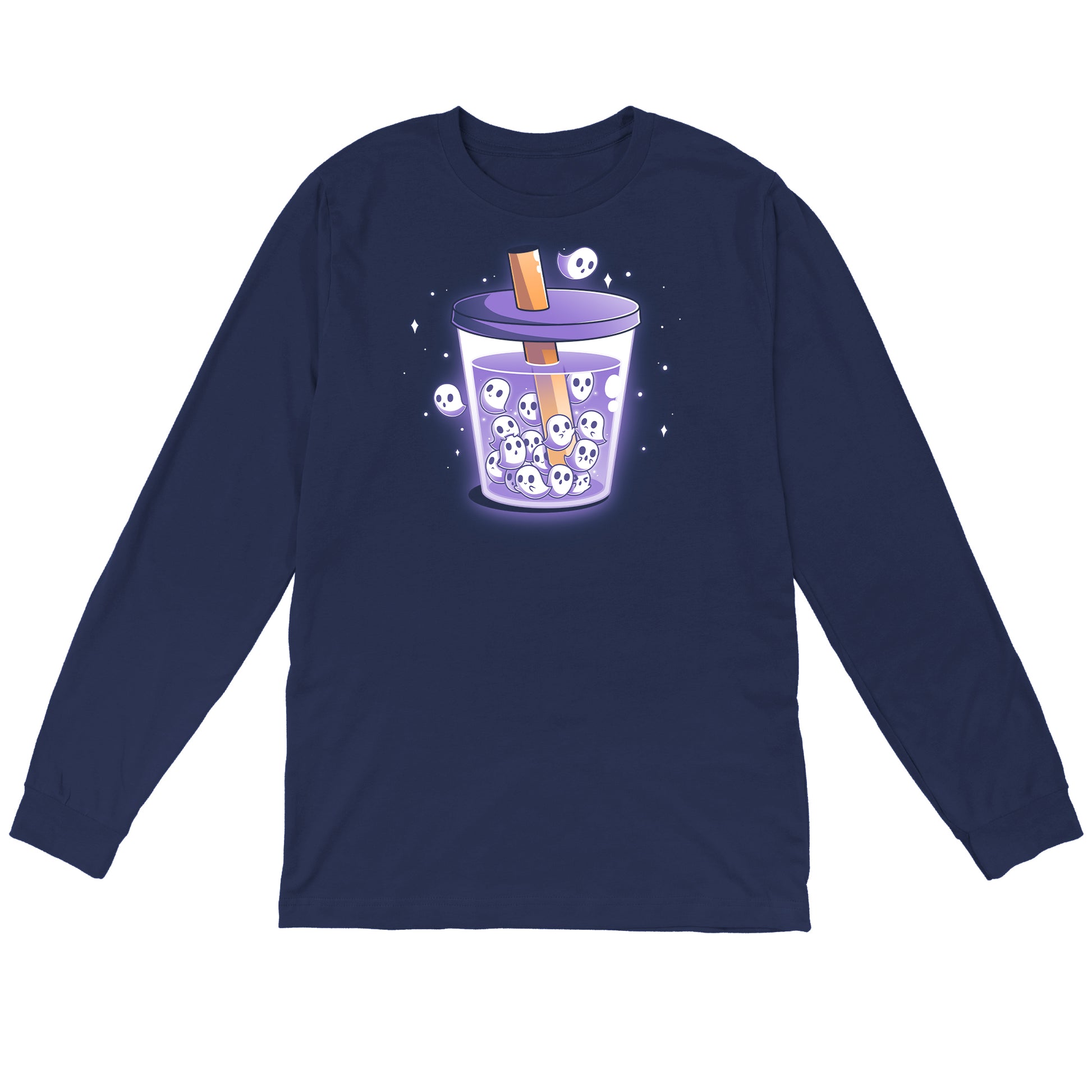 Long Sleeve T-shirt_TeeTurtle navy blue Poltergeist Pearls apparel featuring a cup of boba tea with ghosts instead of boba pearls.