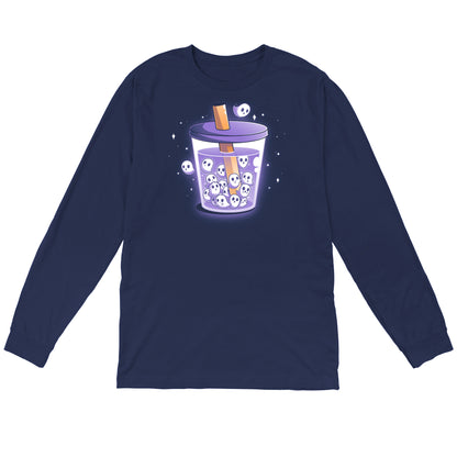 Long Sleeve T-shirt_TeeTurtle navy blue Poltergeist Pearls apparel featuring a cup of boba tea with ghosts instead of boba pearls.