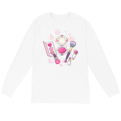 Long Sleeve T-shirt_TeeTurtle Pretty in Pink white t-shirt featuring an illustrated mini makeup set featuring a blush brush, compact mirror, eyeshadow palette, lipstick, and nail polish, all surrounded by decorative pink sparkles and hearts in a magical set. 