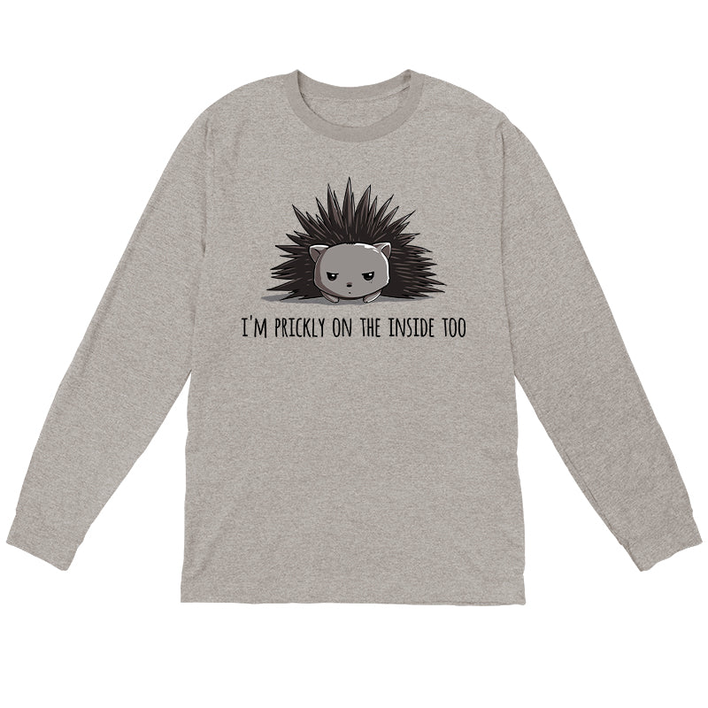 Long Sleeve T-shirt_TeeTurtle Prickly on the Inside heather gray t-shirt featuring a grey porcupine looking slightly annoyed with the text "I'm prickly on the inside too" below in this sarcastic animal design. 