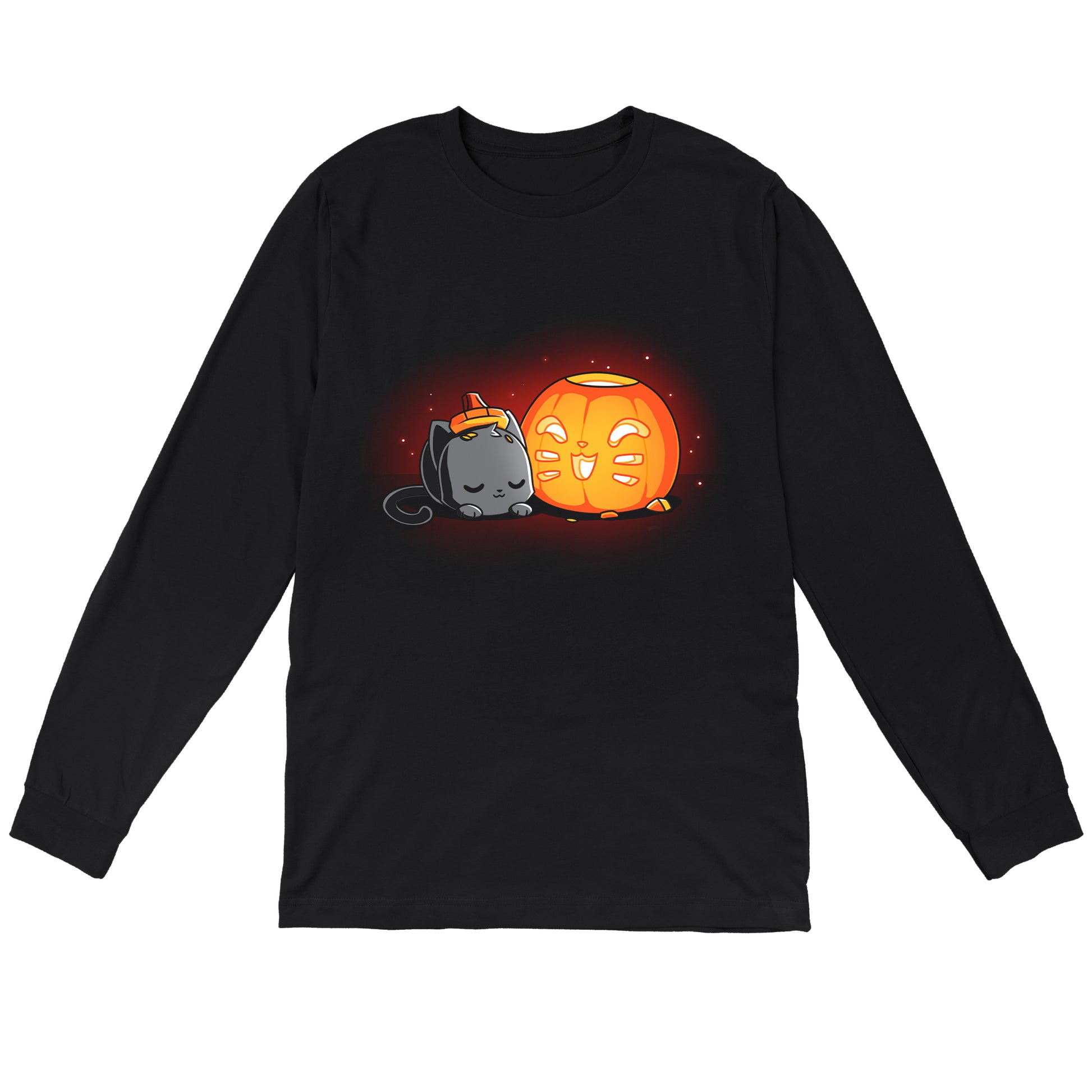 Long Sleeve T-shirt_TeeTurtle Pumpkin Carver black t-shirt featuring a cat sleeping next to a cute Halloween jack-o-lantern