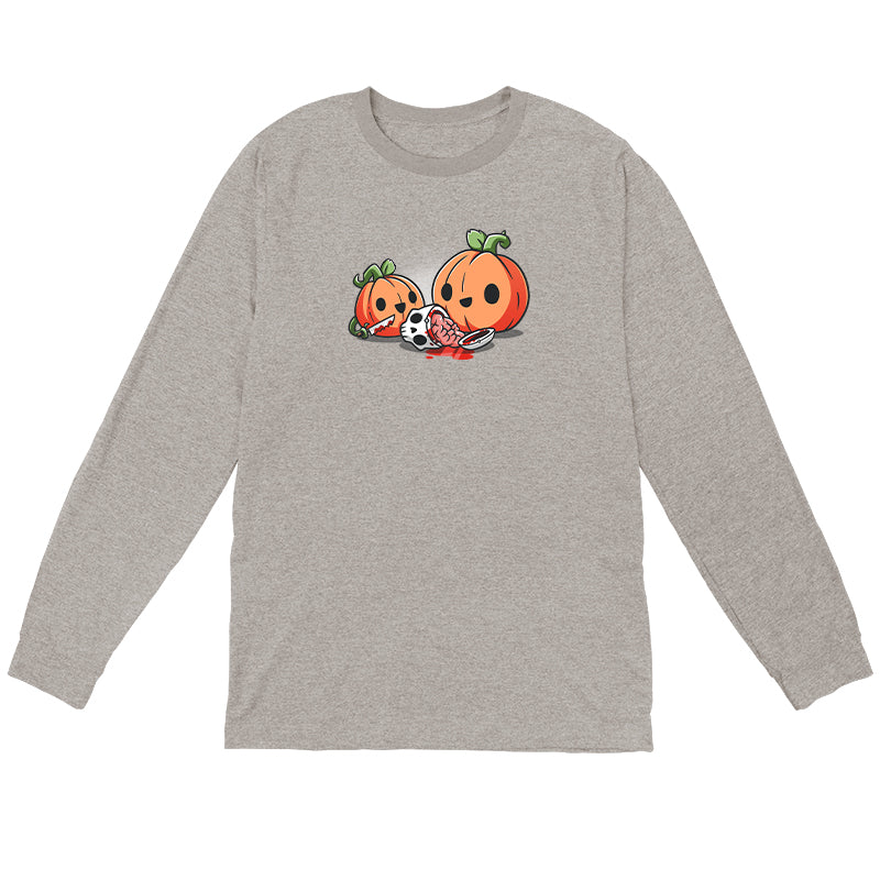 Long Sleeve T-shirt_TeeTurtle Pumpkin Carving sport gray t-shirt featuring cheerful pumpkins carving a human skull.