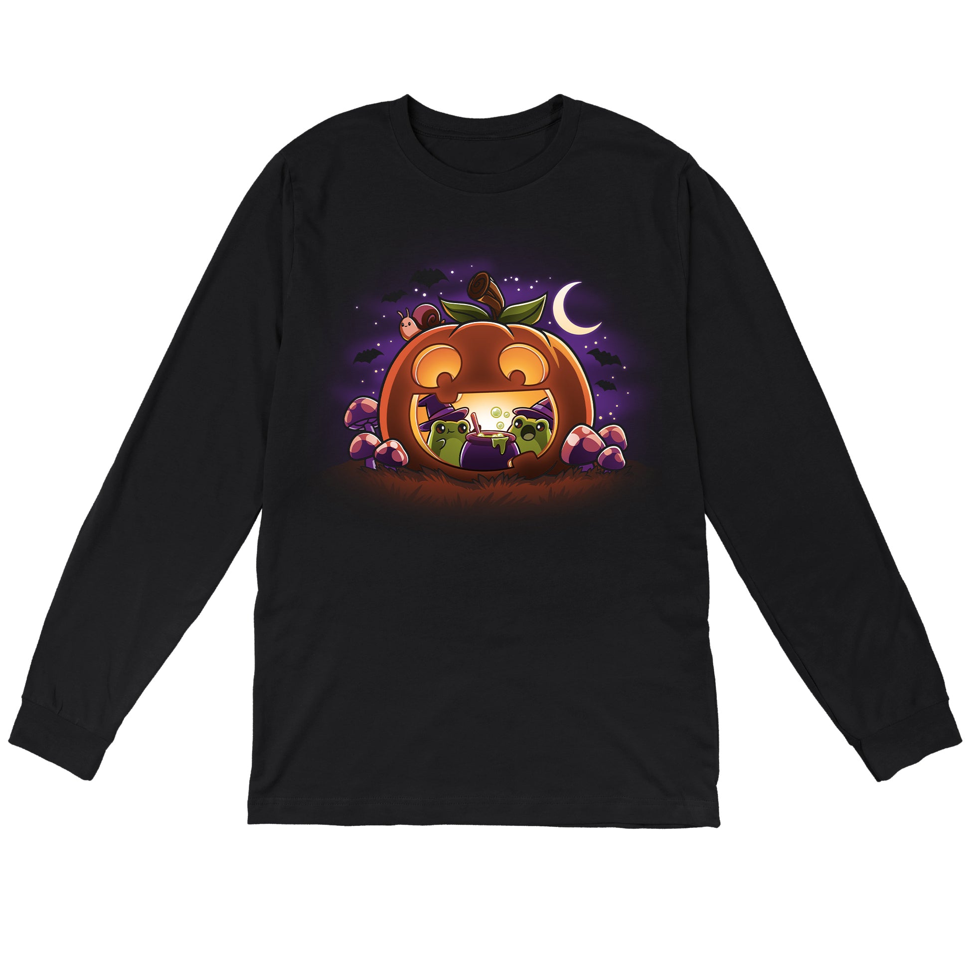 Long Sleeve T-shirt_TeeTurtle Pumpkin Frog Witches black t-shirt featuring two frogs wearing witch hats brewing a cauldron of potion inside of a happy Halloween jack-o-lantern.