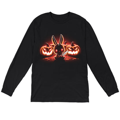 Long Sleeve T-shirt_TeeTurtle Pumpkin Murderer black t-shirt featuring a cute bunny holding a knife sitting in front of carved jack-o'-lanterns, illuminated by a glowing red light.