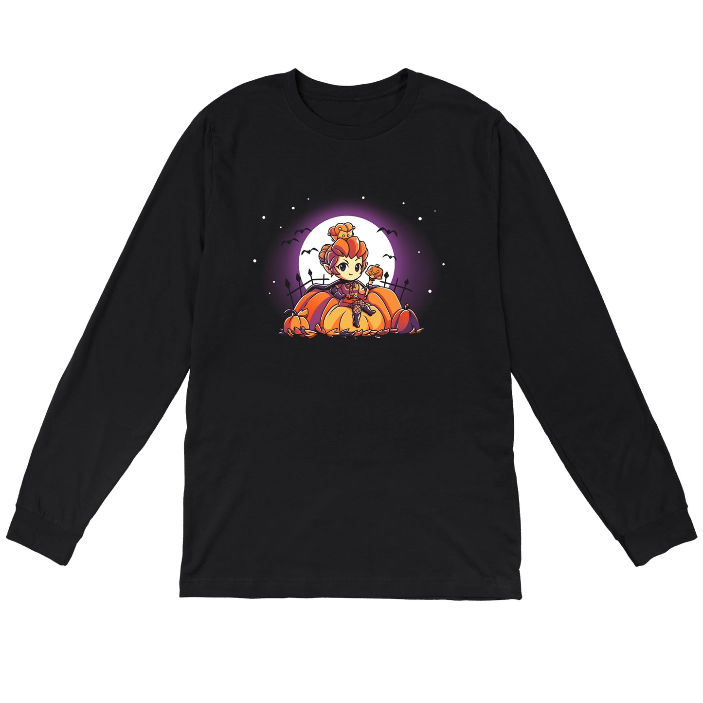  Long Sleeve T-shirt_TeeTurtle black Pumpkin Queen. Featuring a pumpkin queen sitting among giant pumpkins.