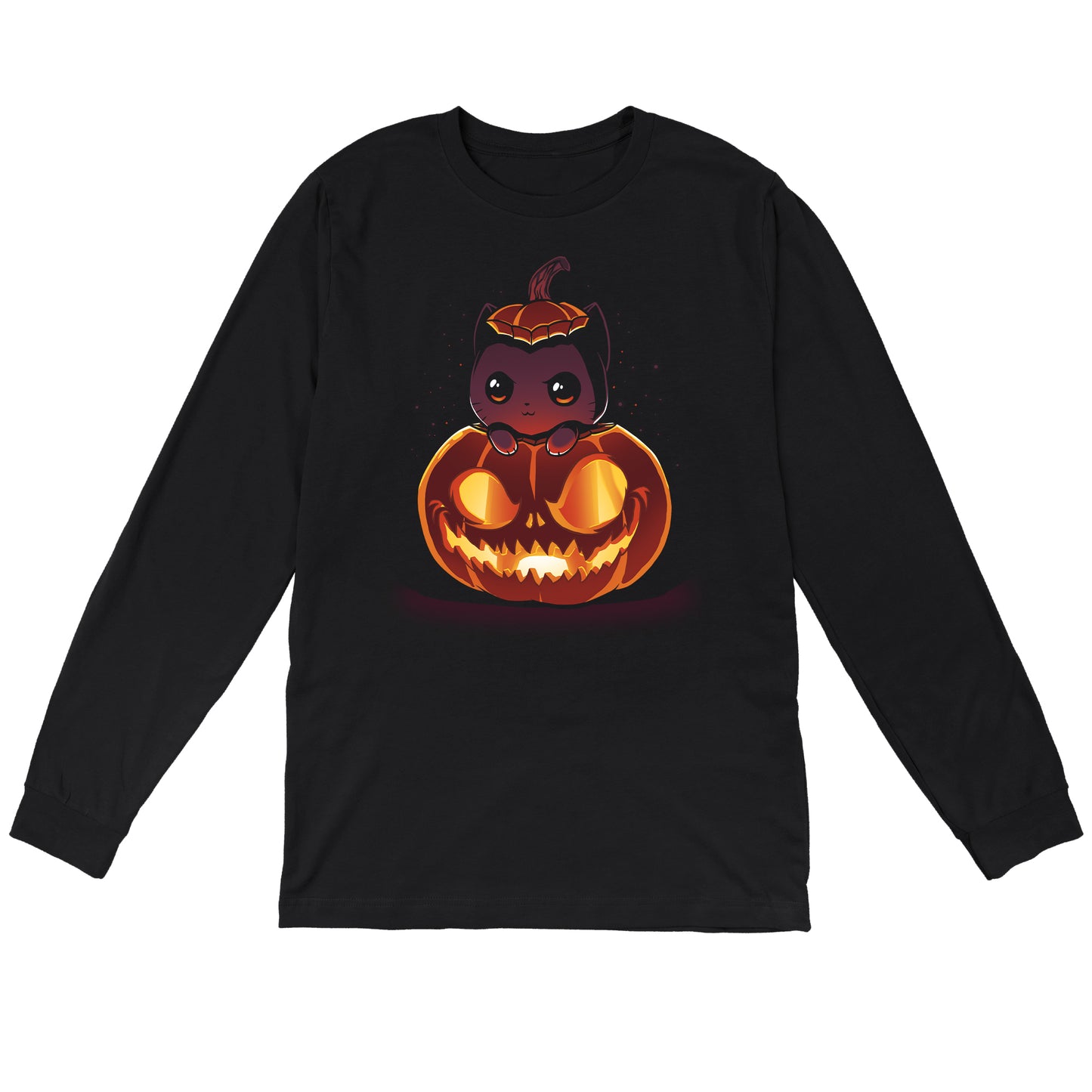 Long Sleeve T-shirt_TeeTurtle black Pumpkitten. Featuring a cat popping out of a spooky jack-o-lantern pumpkin.