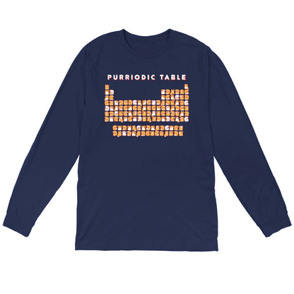 Long Sleeve T-shirt_TeeTurtle Purriodic Table navy blue t-shirt featuring a periodic table chart with elements represented by cats.