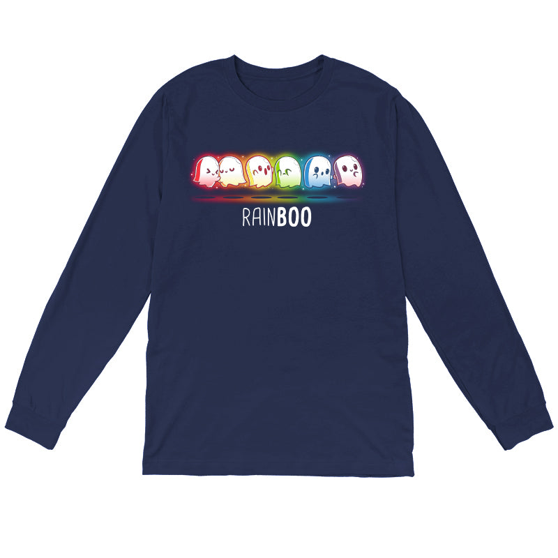 Long Sleeve T-shirt_TeeTurtle Rainboo Navy Blue t-shirt featuring six colorful spooky pride ghosts arranged in a line, each representing a color of the rainbow. The word "RAINBOO" is below them, with the "BOO" in a different font for emphasis.