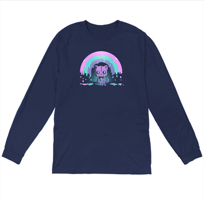 Long Sleeve T-shirt_TeeTurtle Rainbow Crying Cat navy blue t-shirt featuring a cute purple cat with large eyes and a spooky stitched forehead, sitting under a dripping pink, green, and purple rainbow.