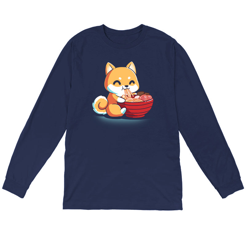 Long Sleeve T-shirt_The Ramen Shiba design from monsterdigital features a cute cartoon Shiba Inu dog happily eating a large bowl of ramen noodles with various toppings, all printed on a super soft ringspun cotton navy blue apparel. The dark background adds an extra charm to this cozy and stylish tee.