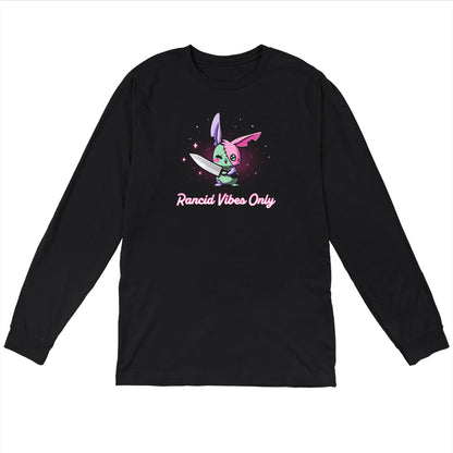 Long Sleeve T-shirt_TeeTurtle black Rancid Vibes Only. Featuring a patchwork bunny holding a large knife.