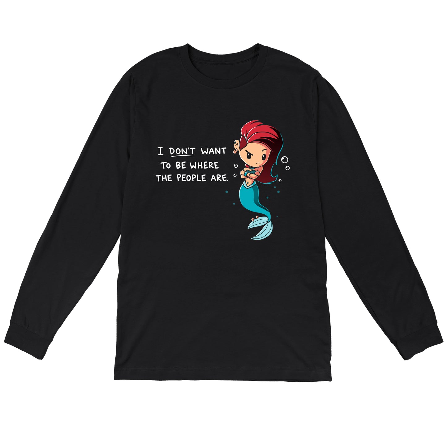 Long Sleeve T-shirt_TeeTurtle black Salty Mermaid. Featuring a grumpy mermaid with an alternative hairstyle saying, "I don't want to be where the people are.".