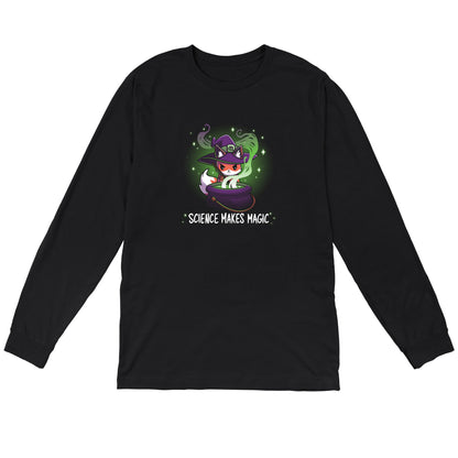 Long Sleeve T-shirt_TeeTurtle Science Makes Magic black t-shirt featuring a fantasy fox wearing a purple witch hat, stirring a cauldron with green smoke and sparkles rising. Text below reads, "SCIENCE MAKES MAGIC."