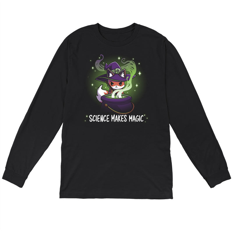 Long Sleeve T-shirt_TeeTurtle Science Makes Magic black t-shirt featuring a fantasy fox wearing a purple witch hat, stirring a cauldron with green smoke and sparkles rising. Text below reads, "SCIENCE MAKES MAGIC."