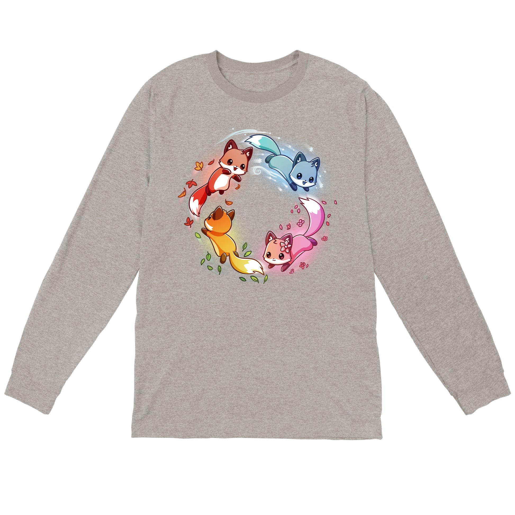 Long Sleeve T-shirt_TeeTurtle heather gray Seasonal Foxes apparel featuring a pink spring fox, gold summer fox, orange autumn fox, and blue winter fox chasing each other in a circle.