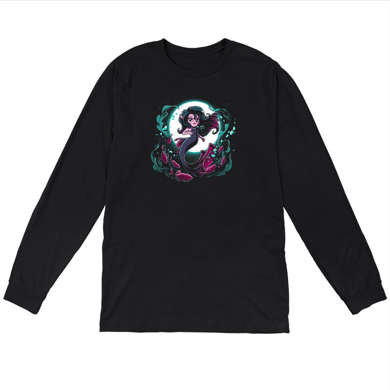 Long Sleeve T-shirt_TeeTurtle Shadow Siren black t-shirt featuring a dark and dangerous mermaid in front of a full moon with fish and seaweed around her.