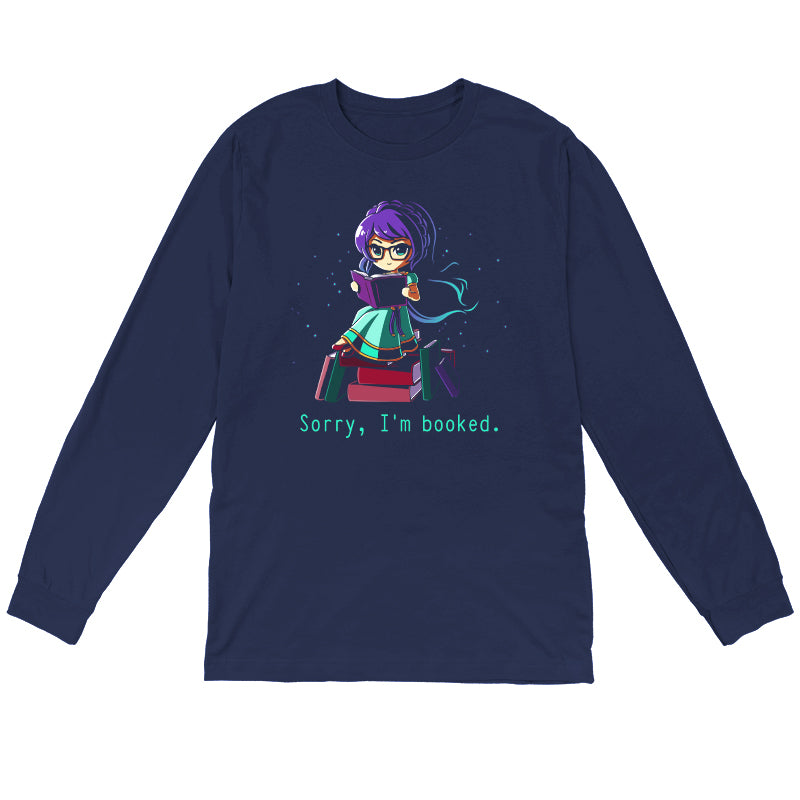 Long Sleeve T-shirt_TeeTurtle navy blue Sorry I'm Booked]. Featuring a girl sitting on a pile of books reading.