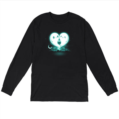 Long Sleeve T-shirt_TeeTurtle Soulmates black t-shirt featuring two glowing ghost figures, forming a heart shape, float above two gravestones that read "R.I.P."