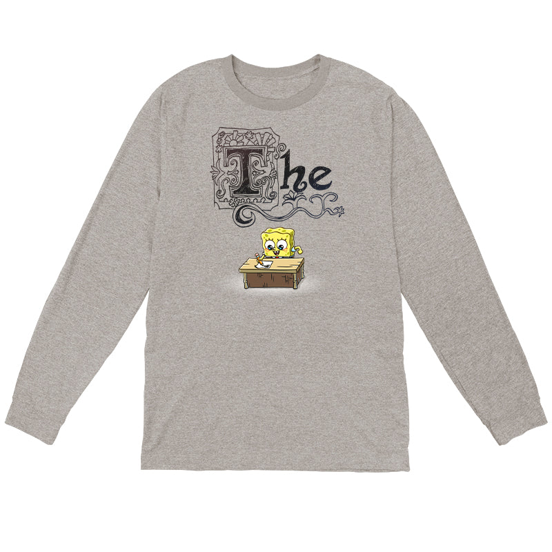 Long Sleeve T-shirt_TeeTurtle heather gray SpongeBob's Essay apparel featuring SpongeBob sitting at a desk with a pencil writing his essay, with the word, “The” decorated with many flourishes on top.