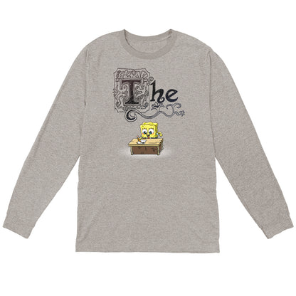 Long Sleeve T-shirt_TeeTurtle heather gray SpongeBob's Essay apparel featuring SpongeBob sitting at a desk with a pencil writing his essay, with the word, “The” decorated with many flourishes on top.