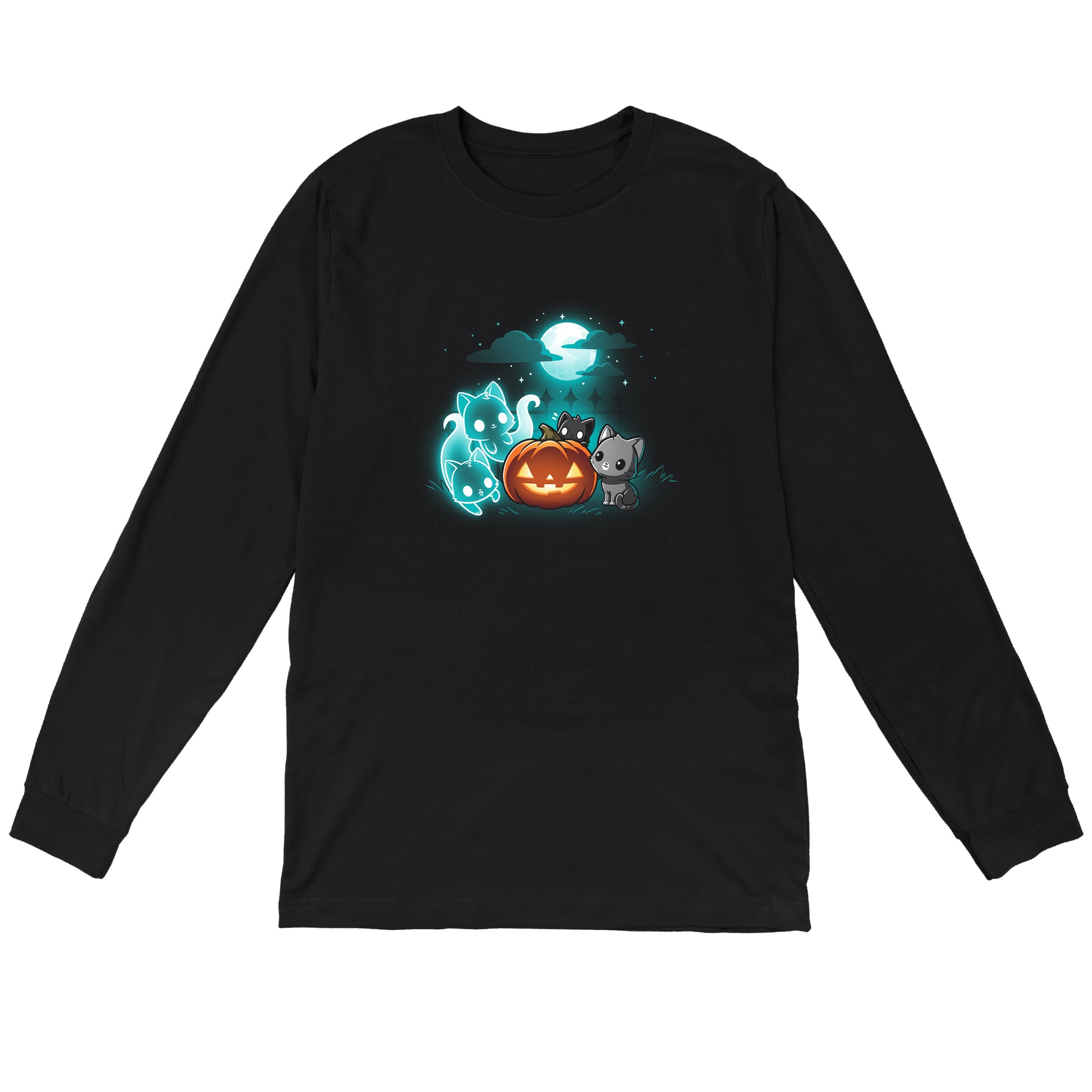 Long Sleeve T-shirt_TeeTurtle Spurrits of Halloween black t-shirt featuring two dark and dangerous ghost cats next to two grey cats watching them. They are surrounding a jack-o-lantern and there is a full moon with clouds behind them.