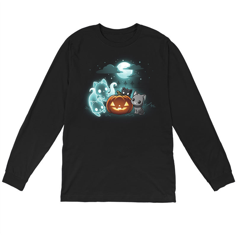 Long Sleeve T-shirt_TeeTurtle Spurrits of Halloween black t-shirt featuring two dark and dangerous ghost cats next to two grey cats watching them. They are surrounding a jack-o-lantern and there is a full moon with clouds behind them.