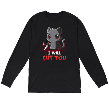 Long Sleeve T-shirt_TeeTurtle Stabby The Kitty black t-shirt featuring a grey cat holding a small knife with text that reads "I Will Cut You."