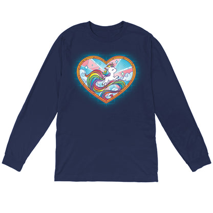 Long Sleeve T-shirt_TeeTurtle Stained Glass Unicorn navy blue t-shirt featuring an artistic pride unicorn with a long rainbow tail in a stained glass style heart with clouds and sparkles.