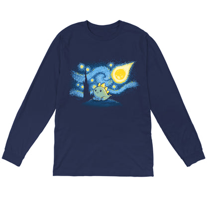 Long Sleeve T-shirt_TeeTurtle Stego Night navy blue t-shirt featuring an illustration of a cute dinosaur with stegosaurus-like plates, set against a "Starry Night"-inspired background.