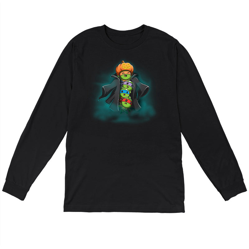 Long Sleeve T-shirt_TeeTurtle black TMNT Stack-o'-Lantern apparel featuring Michelangelo, Donatello, Leonardo, and Raphael in a stack wearing a trench coat with Michelangelo holding a pumpkin as their costume’s head, and with a spooky foggy background.