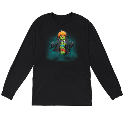 Long Sleeve T-shirt_TeeTurtle black TMNT Stack-o'-Lantern apparel featuring Michelangelo, Donatello, Leonardo, and Raphael in a stack wearing a trench coat with Michelangelo holding a pumpkin as their costume’s head, and with a spooky foggy background.