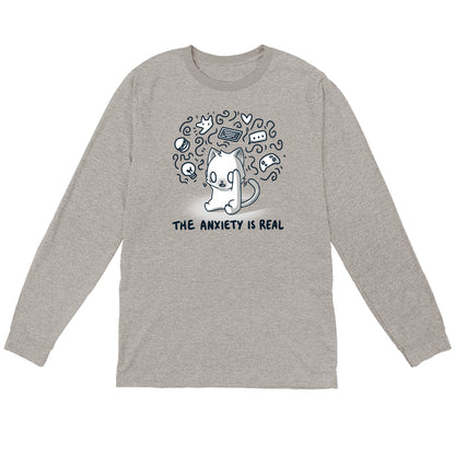 Long Sleeve T-shirt_Teeturtle The Anxiety is Real Heather Gray Featuring an anxious white cat holding its head while imagining all the various things it's anxious about with the image set above the words 'The Anxiety is Real'.