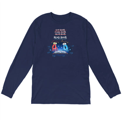 Long Sleeve T-shirt_TeeTurtle navy The Martians Read Book Long Sleeve Cotton T-shirt featuring the red and blue yip yip martians from Sesame Street in a classic moment where they are trying to figure out what to do with a book that is open in front of them. Text above them reads "Eat Book," "Smell Book," and "Hear Book" with all of them crossed out and "Read Book" underneath. They are surrounded by the word "yip." 