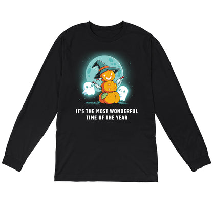 Long Sleeve T-shirt_TeeTurtle black The Most Wonderful Time of the Year. Featuring a snowman made out of pumpkins with knives sticking out of it surrounded by ghosts.